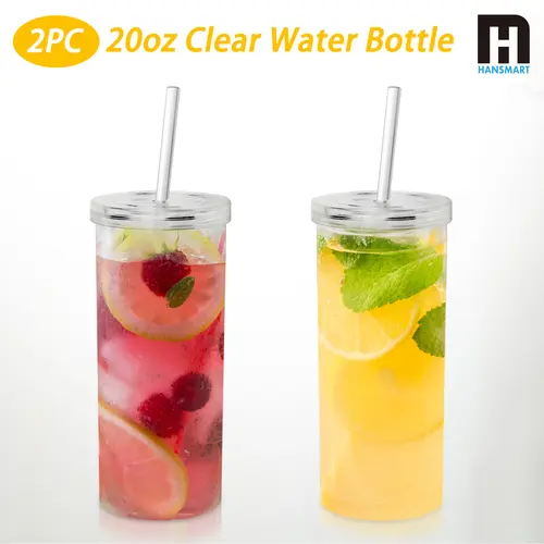 2‑Pcs 20oz Reusable Transparent Plastic Tumblers with Straws & Lids‑Portable, Durable, Easy to Clean Water Bottles for Iced Coffee, Party, On‑the‑Go Use | Custom Bulk Options: 50PCS & 100PCS Available