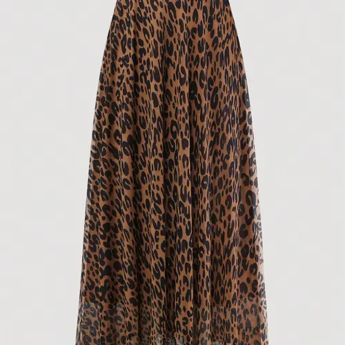 Plus Size Women's Leopard Print Elastic-Waist Chiffon Maxi Skirt, Casual Fashion Clothing for Spring & Fall Dating