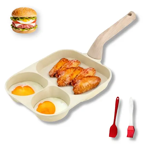 3-in-1 Nonstick Breakfast Pan | 3 Section Divided Frying Pan for Eggs, Pancakes, Bacon & Sausage | Granite-Style Egg Skillet with Wood Handle | Induction Compatible | Includes Brush & Spatula