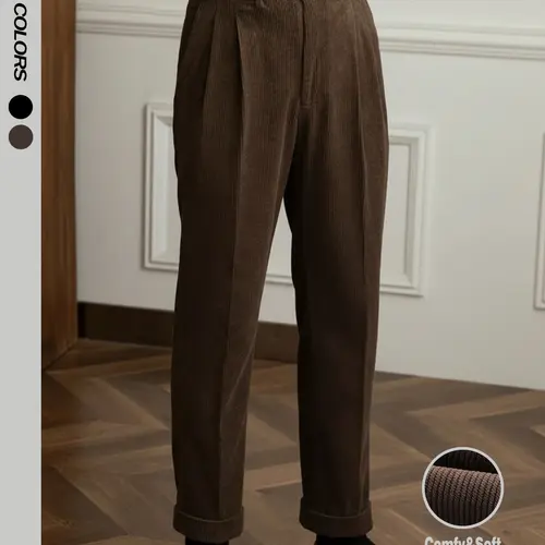Men's Solid Color Corduroy Pants Regular Fit, Loose Fit Casual Trousers, Straight Leg Side Pocket Retro Vintage Ribbed Elastic Waist Formal Dress Pants Soft Easily Match Casual Fall Winter Daily Lounge Pants Clubwear Outdoor Work as A Gift