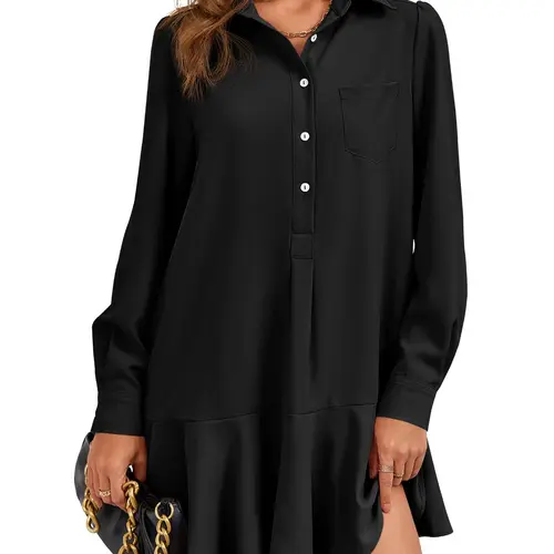 Wenrine Women's Soft Basic Fabric Button-Up Shirt Dress - Long Sleeve, Collared, Pleated, Drape Swing Mini Dress with Pocket, Minimalist Business Casual Wear