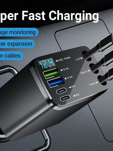 7 in 1 Super Fast Charger, Car Accessories, With Star Pojector,Atmosphere Lamp,3 Retractable Cable, 180° Adjustable Head, PD 3.0 & QC3.0, Road Trip Essentials Universal Fit for iPhone, Android, Tablets,Applicable to cars, pickups, large trucks