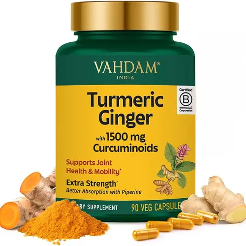 VAHDAM, Turmeric Ginger 1900mg - with 1500mg Curcuminoids | Added Ginger & Piperine for Fast Absorption | Supports Joint Health and Mobility | 90 Capsules