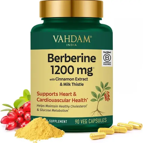 VAHDAM Berberine Extract Dietary Supplement Capsules (1200 mg) with Cinnamon, Milk Thistle Extract | Healthcare, Selfcare Support for Adult Healthy Cholesterol, Glucose Metabolism | 90 Veg Capsules