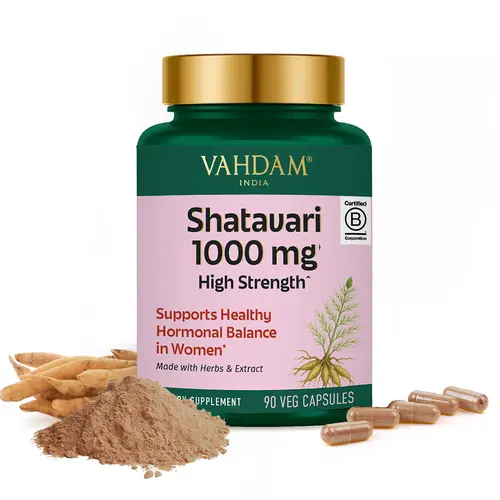 VAHDAM Natural Shatavari Capsules 1000mg - Natural Supplement, Vegan, Gluten-Free Herbal Hormonal Balance Support for Women, 90-Count Adult Dietary Supplement