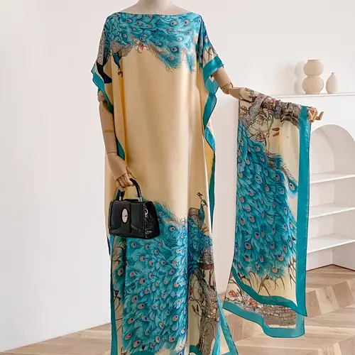 2 Piece Fashion Casual All over Print Shawl Set, Fitted Long Robe + Headscarf, Sun Protection Silk Scarf for Beach, Beach Coverup, Women's Summer Wear