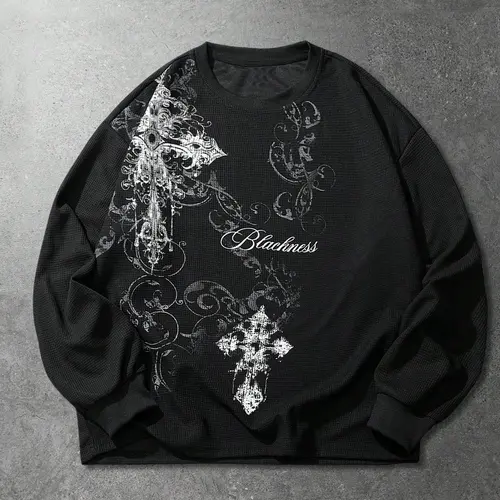 Men's Gothic Graphic Sweatshirt, Casual Streetwear Sweatshirt, Casual Sweatshirt Tops, Long Sleeve Fitted Pullover, Casual Spring & Fall Fashion, Comfortable and Trendy Outerwear