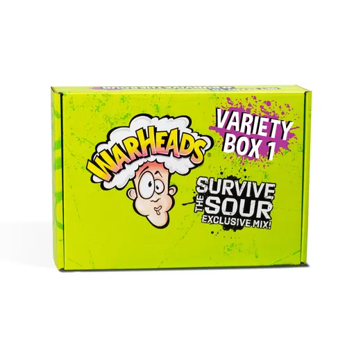 WARHEADS Extreme Sour Survive The Sour Box Snacks - 6 Tangy Levels Fruity-Sweet Candy, Includes Sprays, Pantry Cupboard Treats for Enthusiasts, Assorted Candy, Flavor