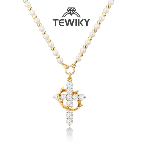Tewiky Gold Pearl Beaded Crown Cross Necklace for Women, 4mm Pearls 3mm Beads Dainty Layered Style Jewelry Gift For Easter Back To School