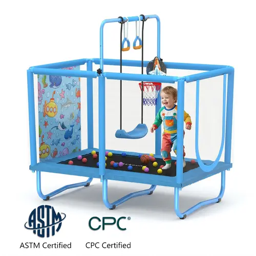 SkyBound Unisex Heavy Duty Trampoline - 6-in-1 36×55in Rectangular Mini Jump Platform, Indoor-Outdoor Jumping Bed with Safety Net, Foam Pads, Swing, Hoop + Ball Play, 15 Ocean Balls, Easy Install, Anti-Tip, 250LBS Capacity for Kids' Trampoline Workout