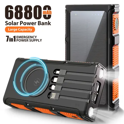 68800mAh Multifunctional High Power Solar Charger Power Bank - 15W Fast Wireless Charger with 4 Built-in Cables, 7 Outputs, Dual Flashlights, Compass - Portable Battery for Smartphones, On-the-Road EDC Gear,back to school,back to school haul