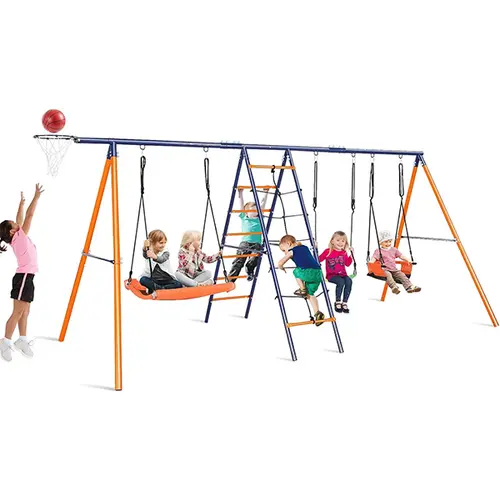 SummerWins 6-in-1 Heavy-Duty Metal Outdoor Play Set for Kids - 700 lbs Capacity, Larger Adjustable Stand, 3 Swings, Climbing Ladder, Climbing Net, Basketball Hoop, Construction Sports Gear, Unisex, Parks Use, Perfect Gift