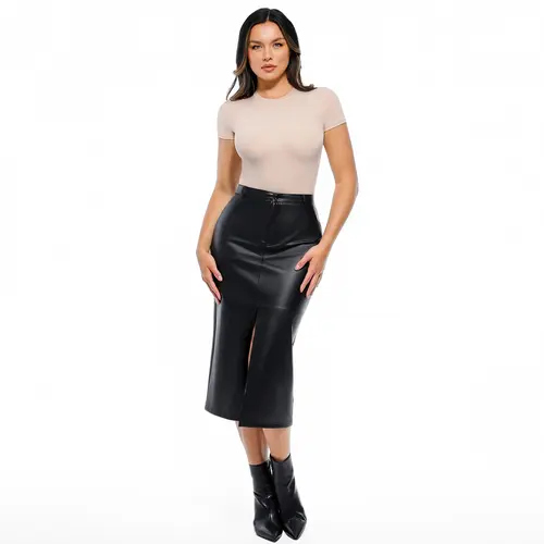 Popilush Sculpted Faux Leather Contour Skirt Clothes Mesh Slit Women-Creator Live