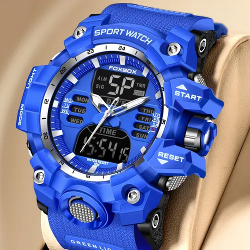 Foxbox Outdoor Sports Shockproof Watch, Men's Multifunctional Waterproof Luminous Quartz‑Analog‑Digital Wristwatch, Resin Case, Round Dial