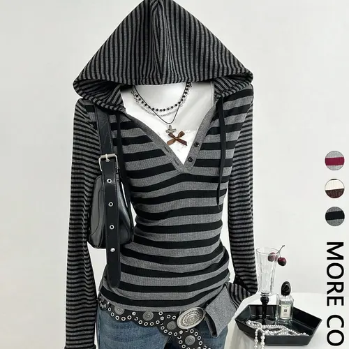 American Street Style Striped Long Sleeve Hooded Top for Daily Wear, Aesthetic Casual Slim-Fit Streetwear