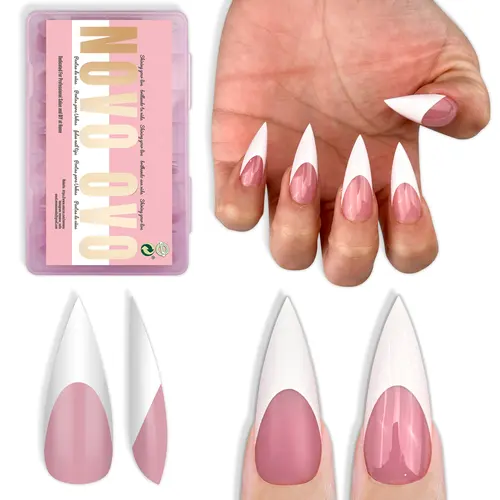 NOVO OVO Soft Gel French Tip Stiletto Fake Nails, Full Cover Medium-Long Press-On Nails with Berry Pink Base, 160 Pcs, 16 Sizes, Stylish Frenchtipnails