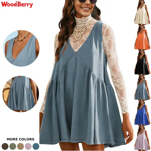 Woodberry Women's V-Neck Sleeveless Mesh A-Type Above-Knee Mini Dress - Minimalist Basic, Casual Comfy Chic Loose Pleated Flowy, Pull-On Beach Sun Tank with Pockets, Layerable Imported Womenswear, Summer Dress