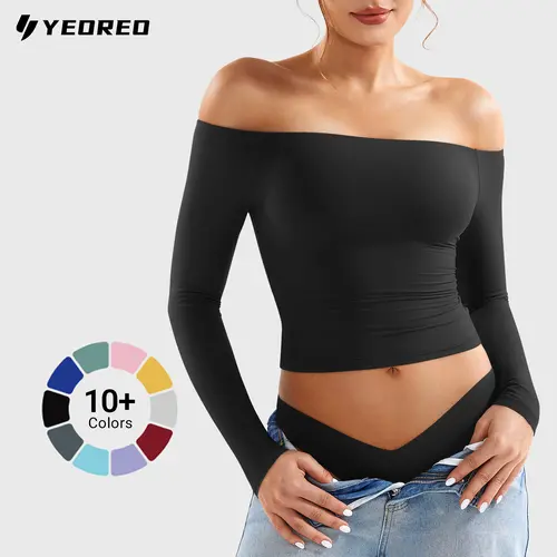 YEOREO Sophie Buttery Soft Off Shoulder Long Sleeve Shirt Double Lined Y2K Going Out Top Casual Cute Basic Womenswear summerwins