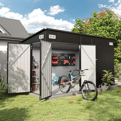 Aoxun 8'x4' Galvanized Steel Triple Door Outdoor Storage Shed, Lockable Doors for Great Convenience Accessing Items, Sloped Roof, Powdercoat Weather Resistance, Ample Space to Stand Inside (Black), Metal