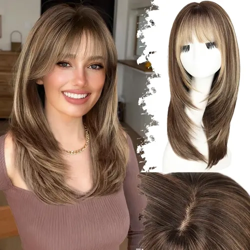 AISI Women's Pre-Cut Glueless Synthetic Material Wig - 20-Inch Brown Blonde Highlight Silky Straight Layered Wig with 4x4 Realistic Scalp, Face-Framing Layers, for Everyday Use, Date & Traveling