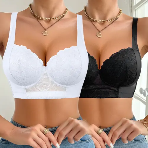 【BackToSchool】Mimilemon Elegant Lacy Push-Up Bra - 2PC Non-Removable Padded Full Cup Underwire, Breathable Fabric, All-Day Comfort, Classy Fit, Mermaid Lace, Elegance-Focused Women's Bra for All Seasons, From Errands to Weddings, Stays Chic, Plain Design