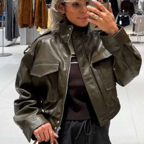 Women's Jacket Crop Faux Leather Bomber Jacket Autumn Fashion Green Black Outerwears Casual fashionable outerwear New In Womenswear Coats & Jackets Casual Elegant Fitted Zip-Up High Neck Long Sleeve Short Jacket With Pockets Lady