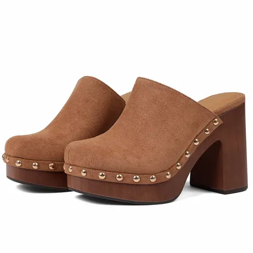 AOSPHIRAYLIAN Women's Vintage Brown Suede Cuban Platform Mules - Studded Slip-On Retro Closed-Toe Heeled Shoes, Vintage Style, Perfect for Music Festivals & Daily Wear