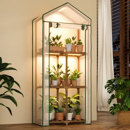 Bamworld 3-Tier Eucalyptus Wood Frame Mini Greenhouse - Garden Accessory with Grow Light, PE Cover, Reusable Portable Plant Stand for Multiple Pots, 38lbs Each, Assembly Required, for Decks, Balconies, Seed Starters