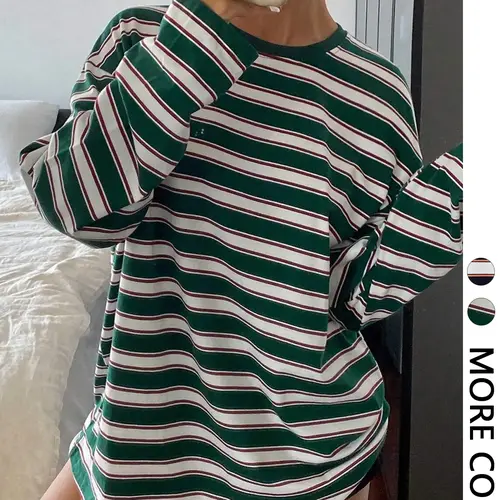 Women's Striped Long Sleeve Round Neck Loose Fit Oversized Baggy T-Shirt Piece, All Seasons Summer Fashion, Comfortable Casual Wear, Perfect for Daily Use, Casual Basic Tees