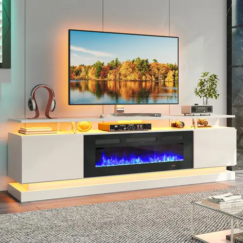 Aoxun Fireplace TV Stand with 36" Electric Fireplace Insert - RGB LED Light Mirror Storage Cabinet Media Console, Waterproof Apartment Furniture for Gaming Room/Home Cinema, 90" Entertainment Center, Tv Console Table (Black/White), Basement