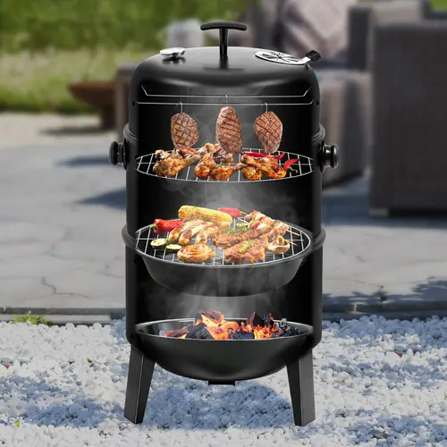 MASTER COOK 16-in Vertical Charcoal Smoker Grill - Heavy Duty 4-in-1 Fire Pit with Thermometer, Adjustable Vent - Portable for Outdoor BBQ, Camping (Cooking BBQ Camping, PortableBBQs, Grills, Vertical Shape), Backyard, Beach Barbecues