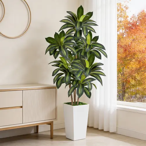 Artificial Dracaena Tree - 5FT/6FT Plastic Artificial Plants with 15.7in White Planter, 60in Tall Fake Potted Home Decor Items for Room Decoration, Indoor Home Office Use