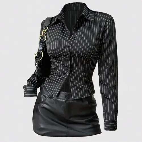 Women's Fashion Button-Up Slim-Fit Striped Collar Long Sleeve Shirt, Spring & Fall Casual Wear, Stylish Women's Blouse, Casual Business Top, Collared Blouse