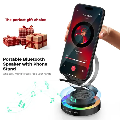 VANOTOM 5-in-1 Cordless Bluetooth Speaker Phone Stand - Speaker Bluetooth with BT 5.3, Built-in Li-ion Batteries, RGB Ambient Lighting, Foldable Adjustable Holder for Smartphones/Tablets, Folded Storage, Cooking Use, Ideal Back to School Gift