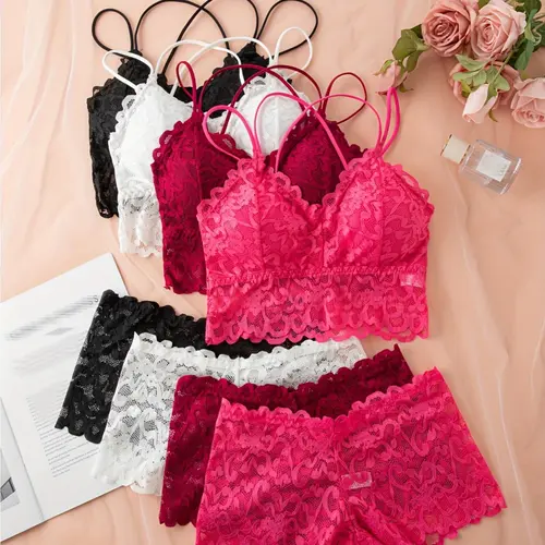 HICLOTH Women’s 4-Pack Lace Bralette Set with Matching Panties, Soft Lightweight Wireless Bras, Double-Strap Everyday Lingerie, Top Runs Small, Size Up if Busty