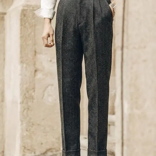 Men's Retro Tweed Herringbone Regular-Fit Dress Slacks - Menswear Formal Suit Bottoms for Men, Formal Wear, Workwear, Buttons, Holiday