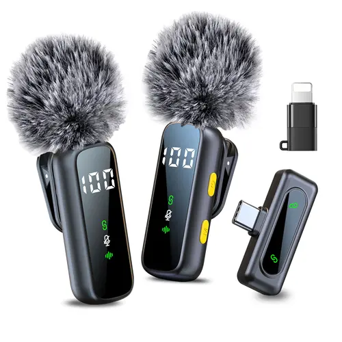 HITOZON Compact 2.4GHz 2Mic Wireless Lavalier Microphone - Built-in Batteries, Intelligent Noise Cancelling, Plug-and-Play Type-C Port, +iOS Adapter, for Smartphone, Android, Digital Camera, Studio Sound for Vlogging Equipment, Streaming Equipment