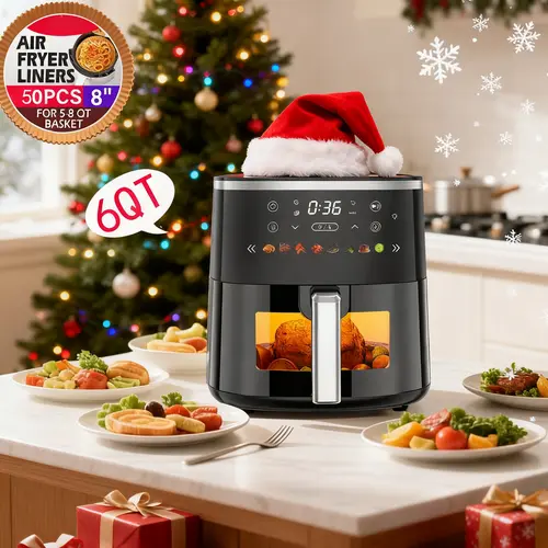 6QT Multifunction Air Fryer with Visible Window - 8 Preset Functions, Adjustable Temperature, Timer, 1550W Power, Digital Display, Kitchen Appliance, Automatic Digital Fryer, Versatile Cooking, Ideal Christmas Gift for Home Use