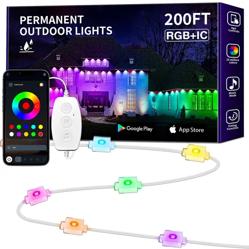 RGB+IC Permanent IP67 Waterproof 200FT 100FT 50FT Outdoor LED Christmas Lights with APP & Remote Control for Home Garden Decoration Patio Lighting, Best Choice for Party, Christmas Gifts