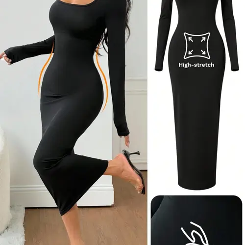 Women's Spring Autumn Basic Knit Casual Chic Fitted Square Neck Long Sleeve Dress, High Stretch Bodycon Maxi Dress, Casual Fashion, Casual Wear, Casual Everyday Wear, Womenswear