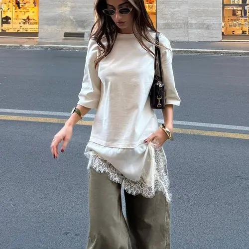 Women's Summer Lace Patchwork Dress, Oversized Fit, Asymmetric Lace Hem, Round Neck, Half Sleeve, Minimalist Casual Street Style, Spring & Fall Fashion, Casual Wear
