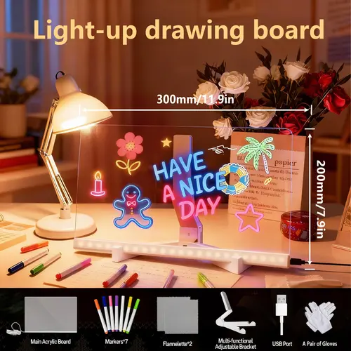 Snofrid Compact LED Light Backlit Message Board - Acrylic Dry Erase Board with Stand, Markers, Cleaning Cloths, Tracing Paper, Erasable Neon Signs, Ideal for Home Decor, Christmas Festive Decor, School Use
