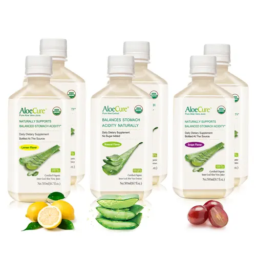AloeCure Organic Aloe Beverage Sample Pack - 6 Bottles (Grape, Lemon, Natural Flavors), GMO & Gluten & Dairy Free, 500ml Pure Aloe Gel, Healthy Drink, 12 Hours of Harvest, Digestive Aid Supplement