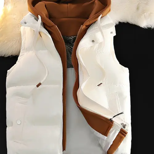 Men’s tops, couples’ hooded thermal vest — fashionable two-piece design, unisex outerwear, men’s and women’s matching vests, thickened polyester fiber material, slim fit, foldable, outdoor casual warmth, machine washable, formal vest, beige, ivory white
