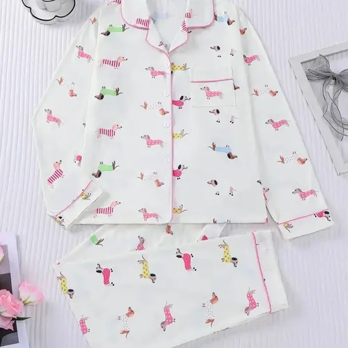Women's Cartoon Dog Print Pajama Set, Long Sleeve Open-Front Top & Elastic Pants, Casual Loungewear Nightwear for Fall & Winter