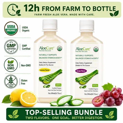 AloeCure Organic Aloe Vera Beverage - Aloin-Removed Certified Farm-Grown High Quality Juice - 2-Bottle Sample Pack, Lemon & Grape Flavors, 2x500ml - Keto Friendly, GMO Free, Gluten-Dairy Free, Supports Regular Digestion