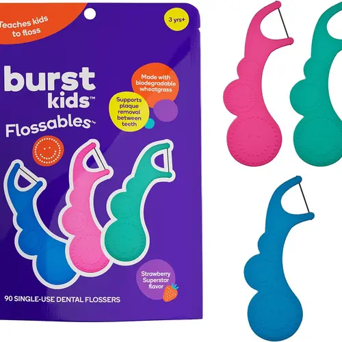 BURST Junior Flossables - Strawberry Flavor, Ergonomic Design, Biodegradable Materials, 90 Dental Flossers per Package, Daily Use