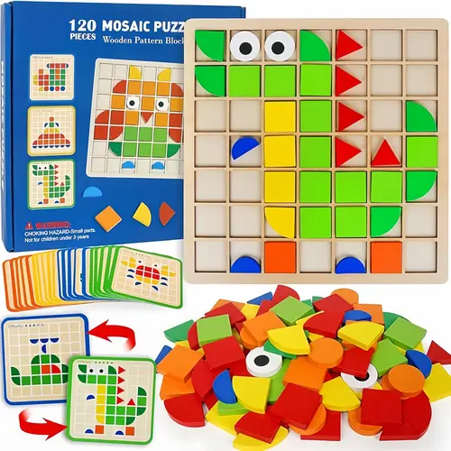 120-Piece Wooden Jigsaw Puzzle Kids Toys for Ages 3-8, 3D Animal & Geometric Blocks STEM Toddler Toys, Montessori Educational Shape Sorter for Preschool Gifts, Builds Hand-Eye Coordination & Cognitive Skills
