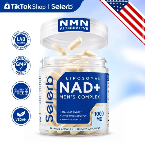 Selerb NAD+ Natural Focus Fuel Supplement for Men - Liposomal Complex with NMN, Trans-Resveratrol, CoQ10, Maca, Ashwagandha - Dairy Free, Gluten-Free, Natural Ingredients, Anti-Oxidants - Supports Cellular Renewal, Cellular Boost, Energy - 60 Capsules