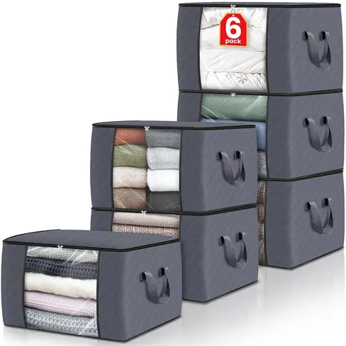 6pcs Foldable Clothing Storage Organizers with Reinforced Handles - Space Saver Zipper Bags for Travel, Room Organization of Clothes, Blankets, Bedding - Home Essentials Luggage & Travel Organizers, Space Saver Bags, Zipper Bag, Travel Storage